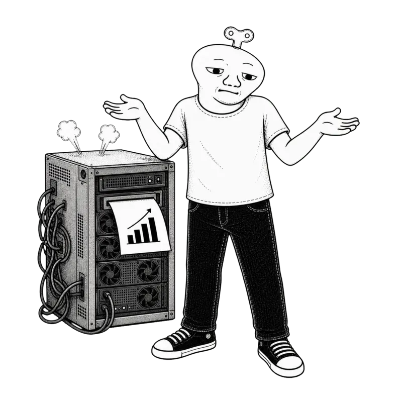 The Scaler shrugs beside a smoking machine that outputs a rising chart
